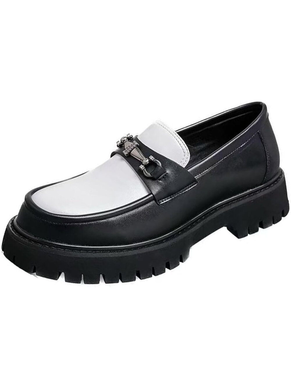Men's Black White Round Toe Patent Leather Platform Heel Horsebit Penny Loafers